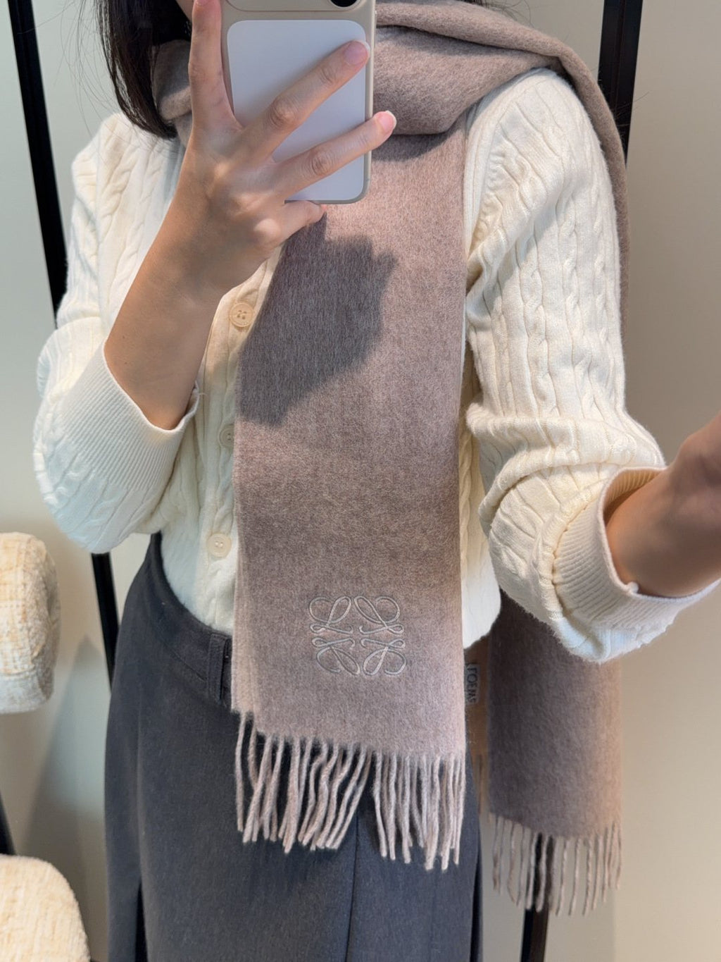 Loewe Taupe Gray and Light Beige Fringed Scarf