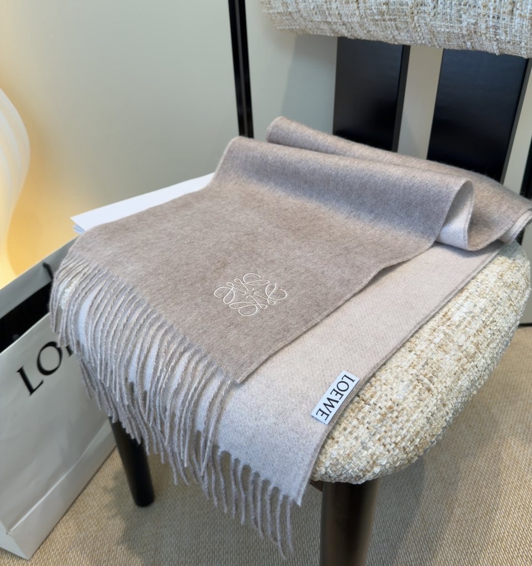 Loewe Taupe Gray and Light Beige Fringed Scarf