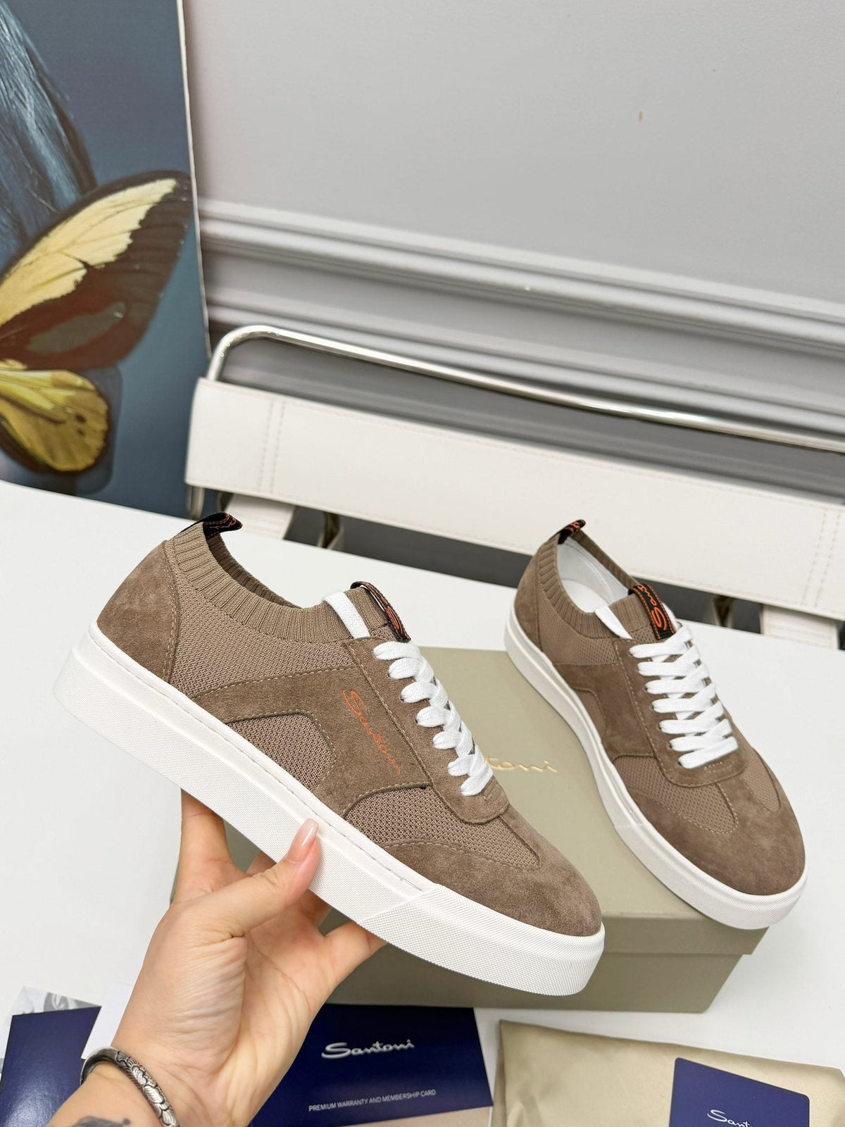 Santoni Taupe Brown Low-Top Sneakers