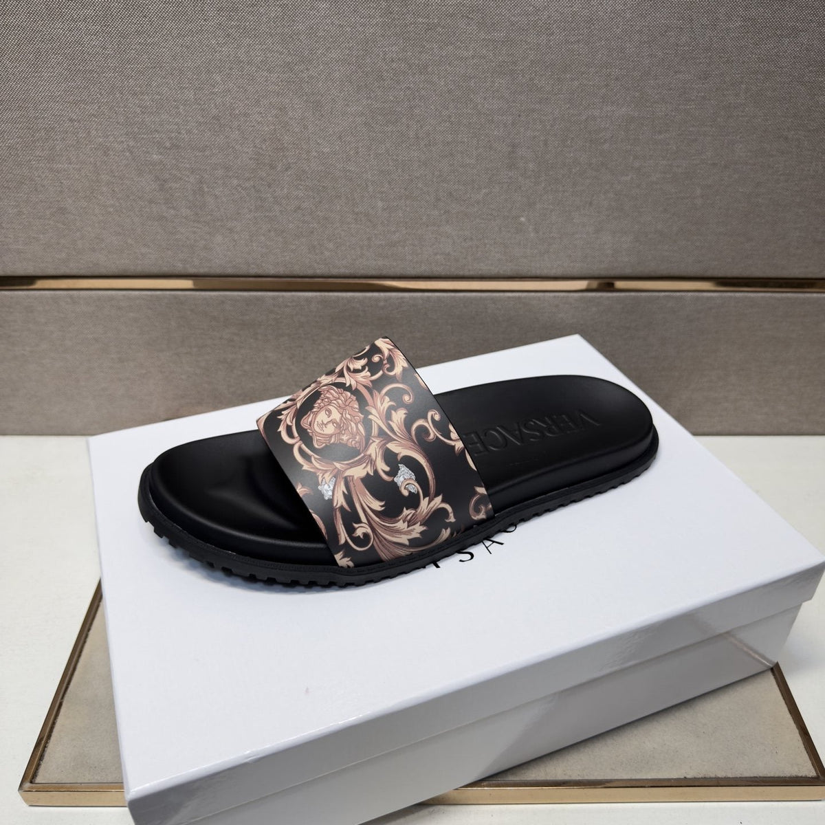 Versace Black Ornamental Strap Slide Sandals