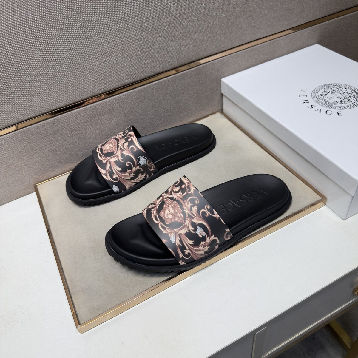 Versace Black Ornamental Strap Slide Sandals