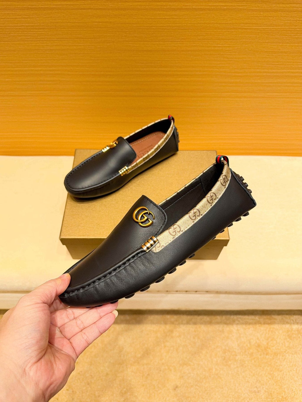 Gucci Black Loafers with Patterned Trim