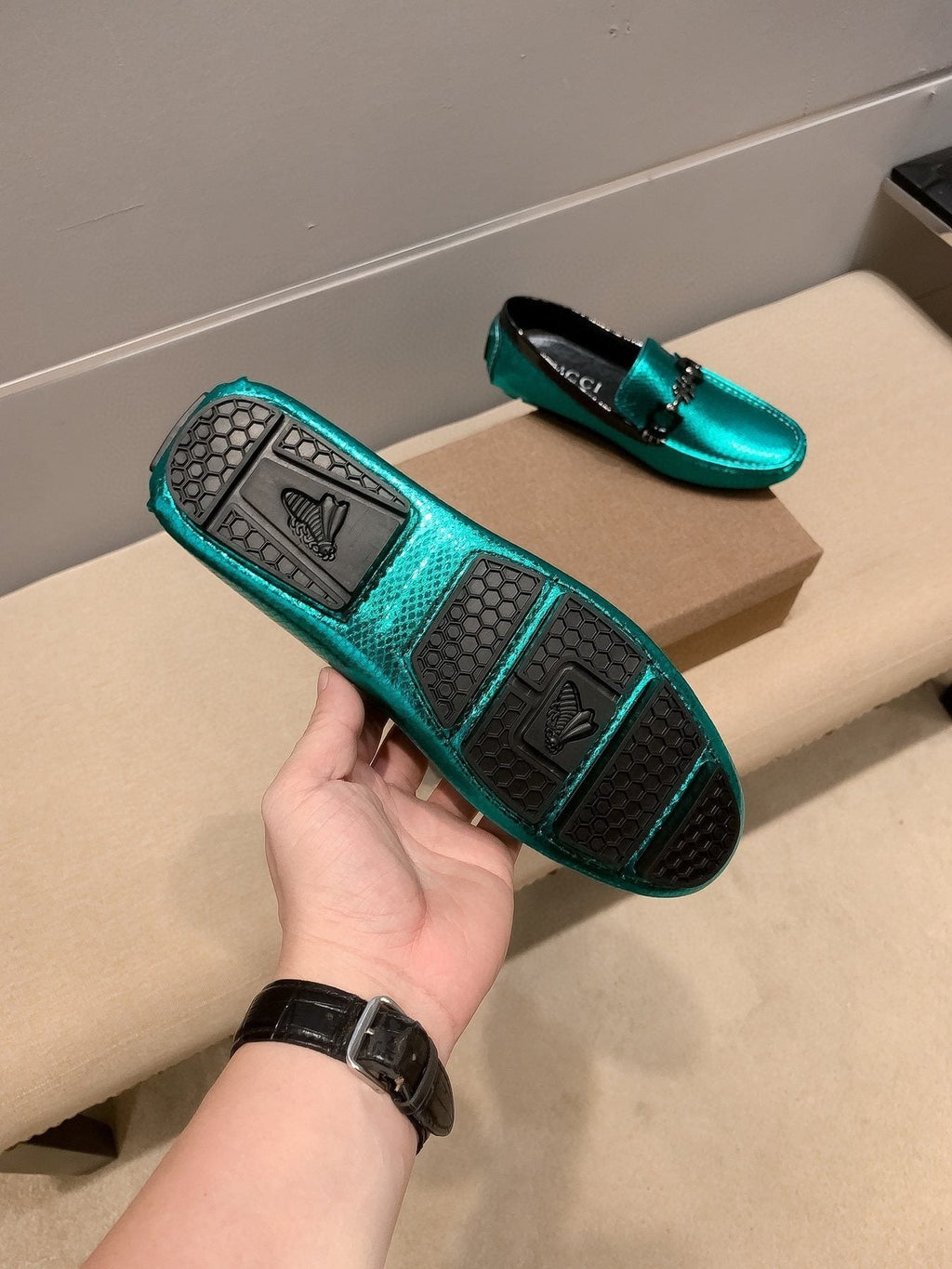 Gucci Men's Metallic Teal Horsebit Loafers