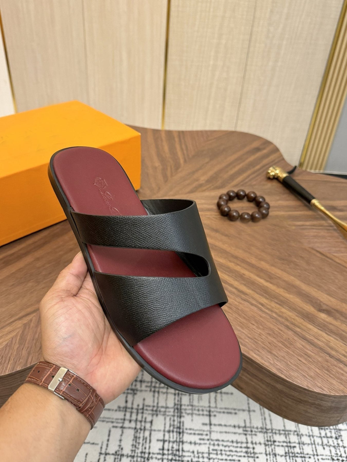 Loro Piana Black and Burgundy Slide Sandals