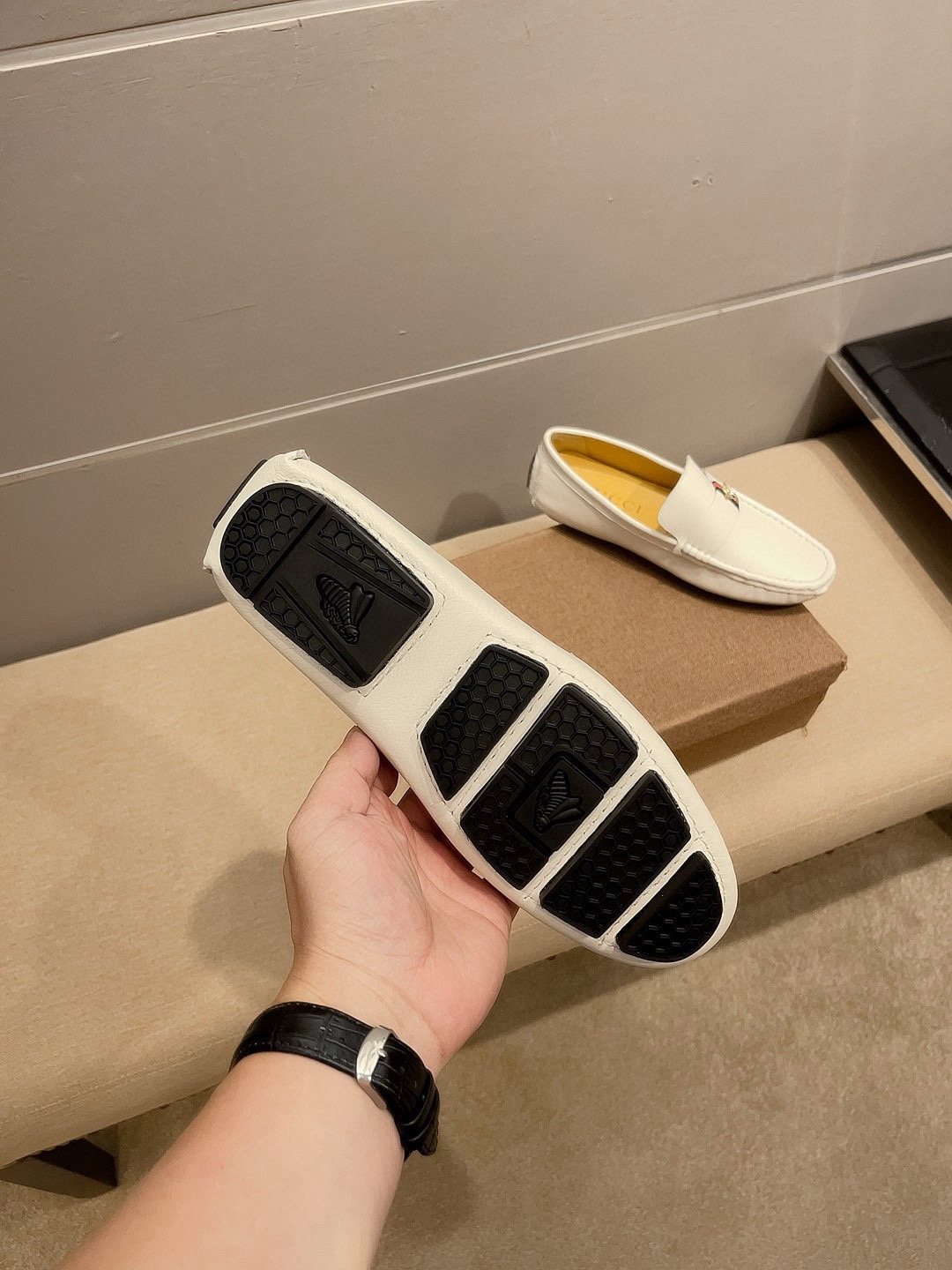 Gucci White Web Accent Loafers