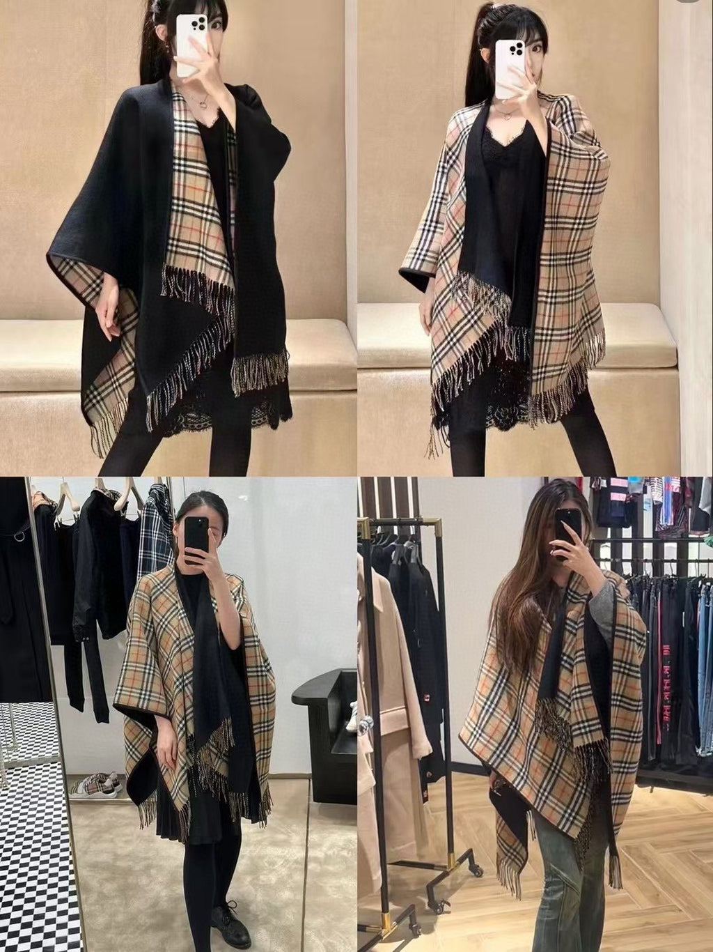 Burberry Reversible Plaid Fringe Cape Shawl