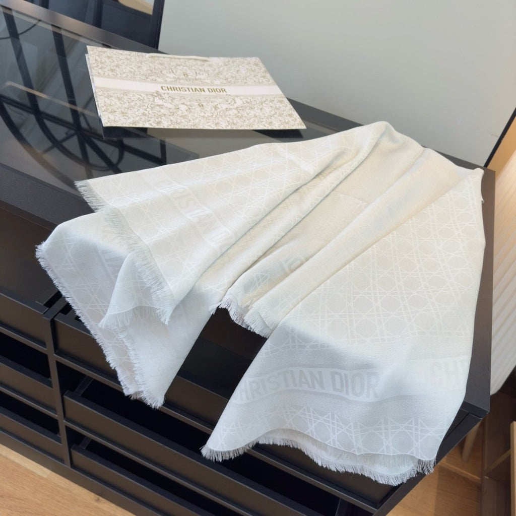 Dior White Geometric Fringed Scarf