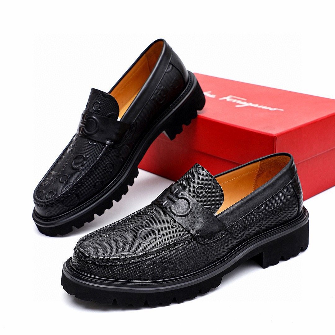 Salvatore Ferragamo Men's Black Embossed Lug Sole Loafers