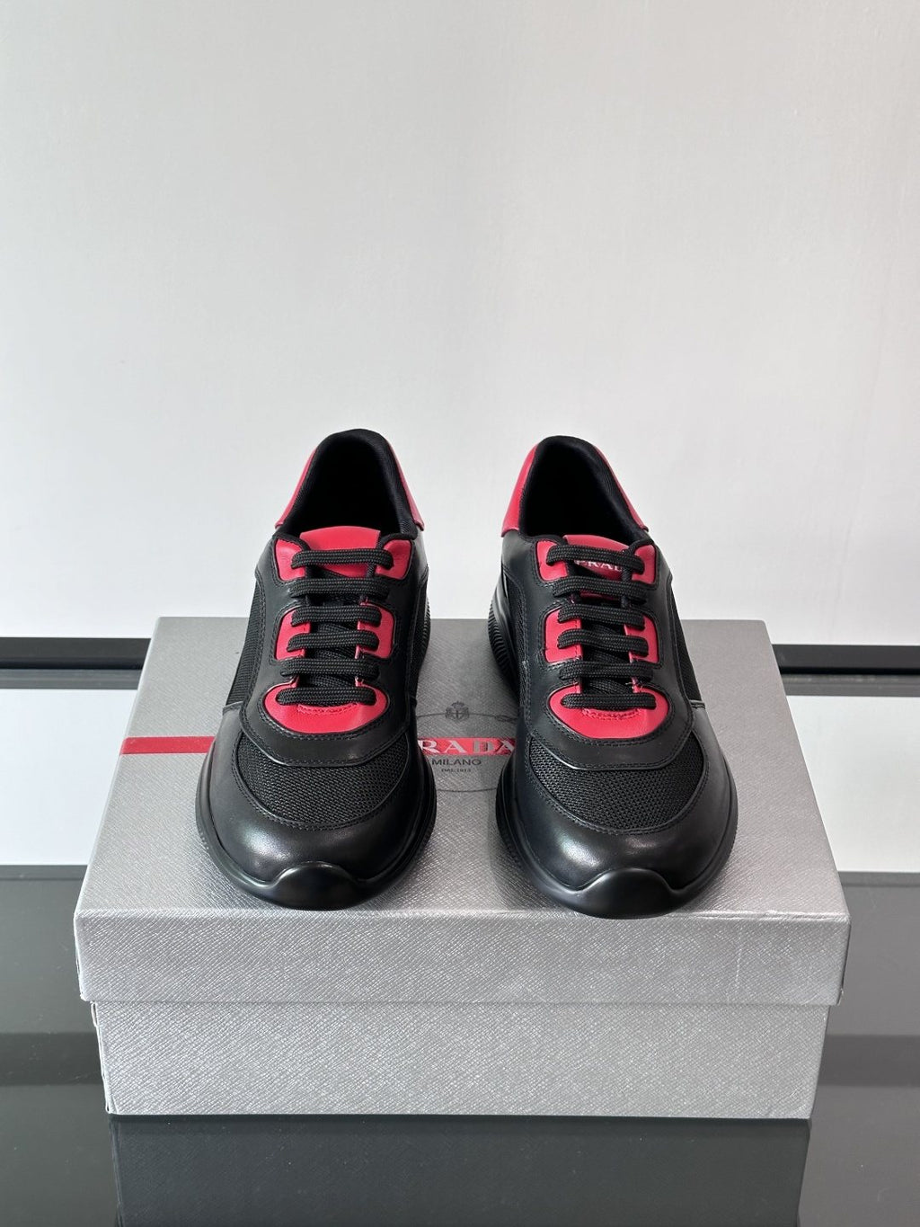 Prada Men's Low-Top Leather Sneakers - Rounded Toe