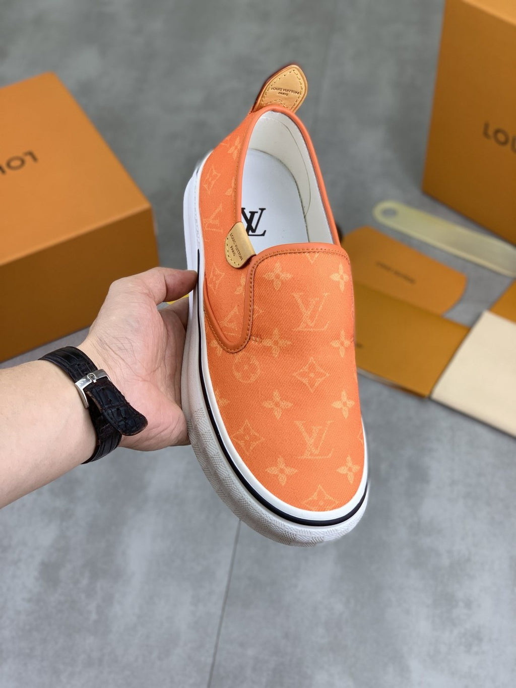 Louis Vuitton Orange Patterned Slip-On Shoes