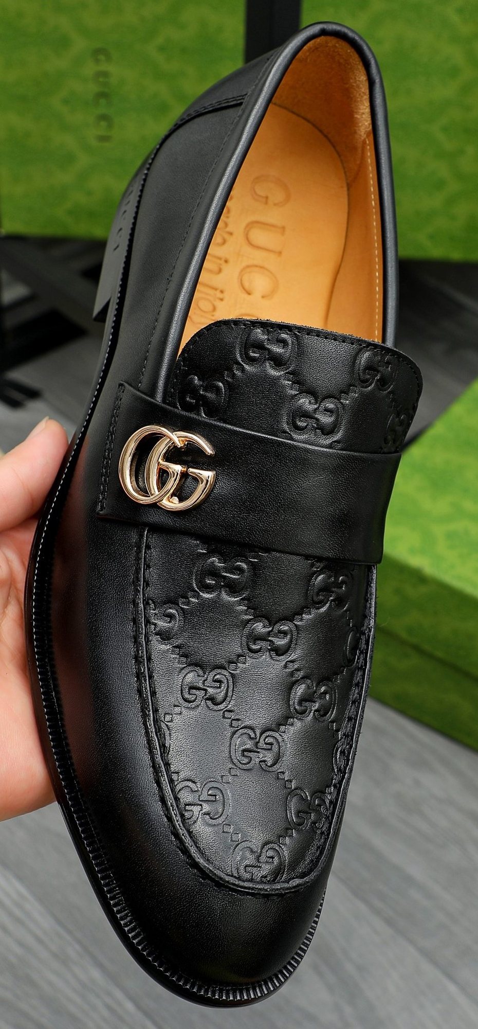 Gucci Black Embossed Loafers with Gold-Tone Detail