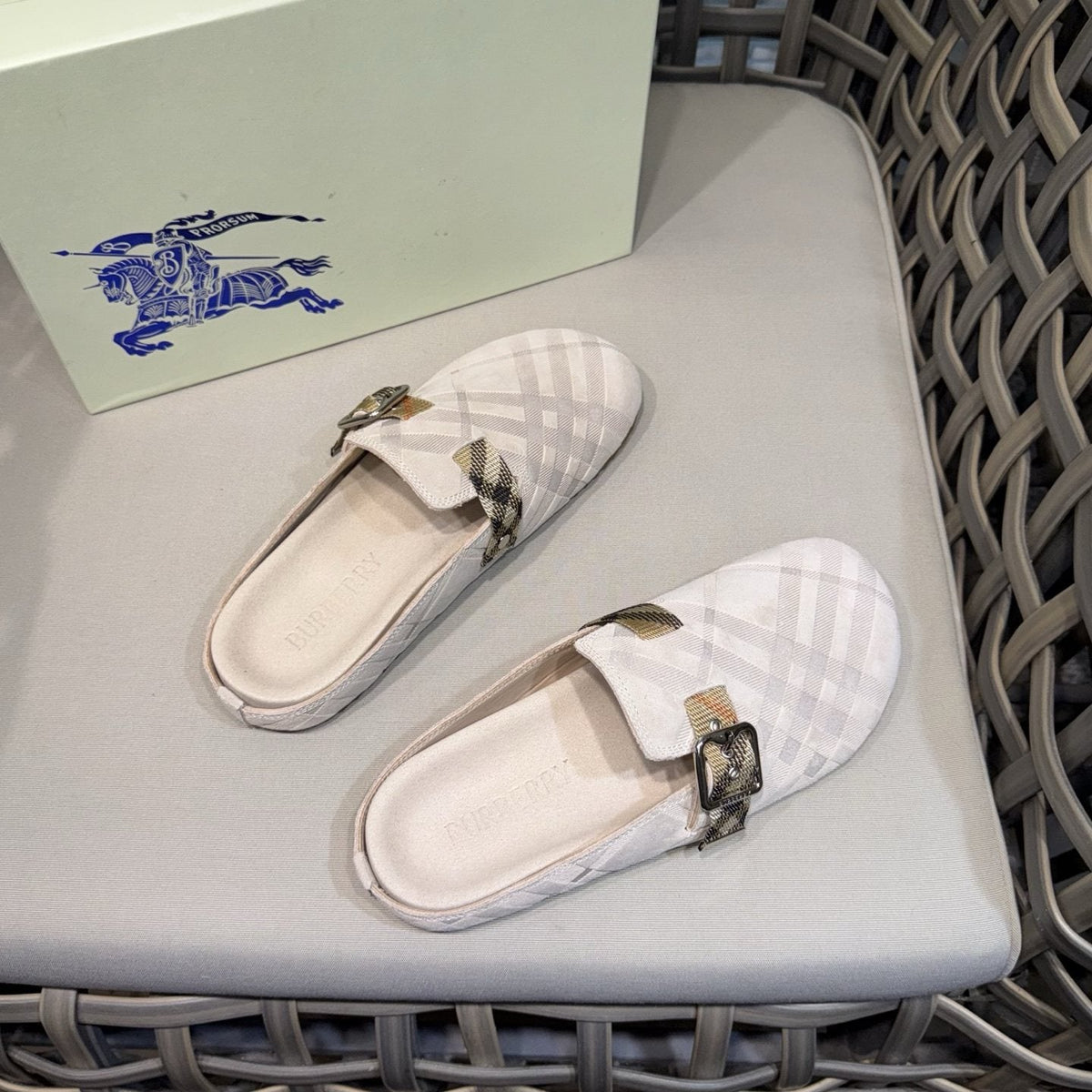 Burberry Patterned Buckle Mule Shoes