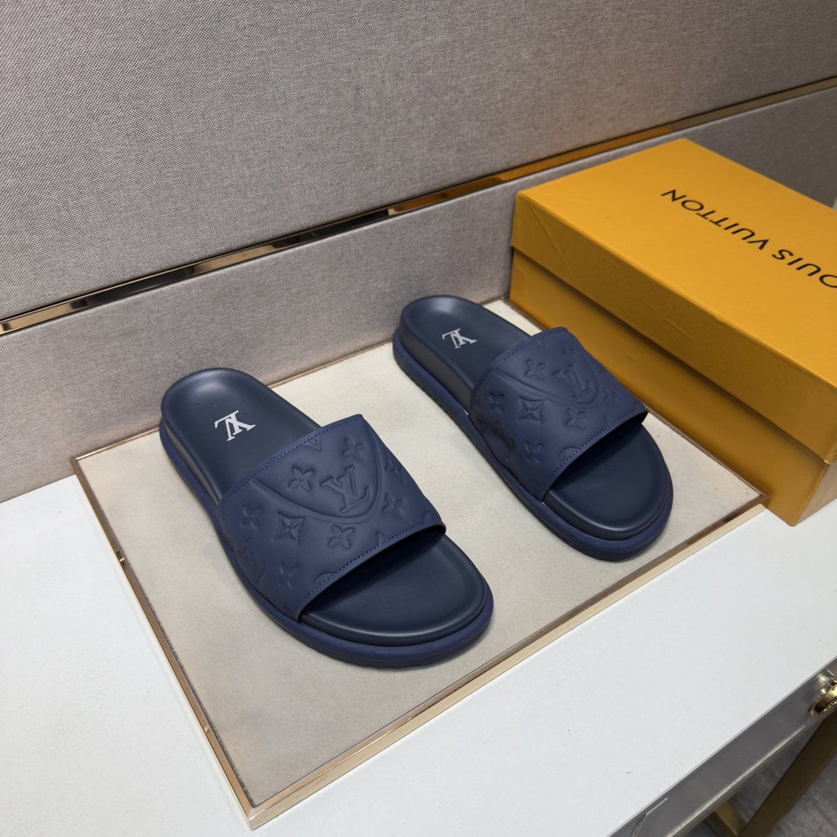 Louis Vuitton Men's Embossed Strap Slide Sandals - Textured Tread Outsole